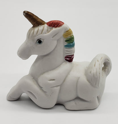 Bisque White Unicorn Statue, Rainbow Hair