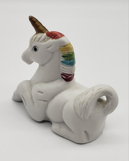 Bisque White Unicorn Statue, Rainbow Hair