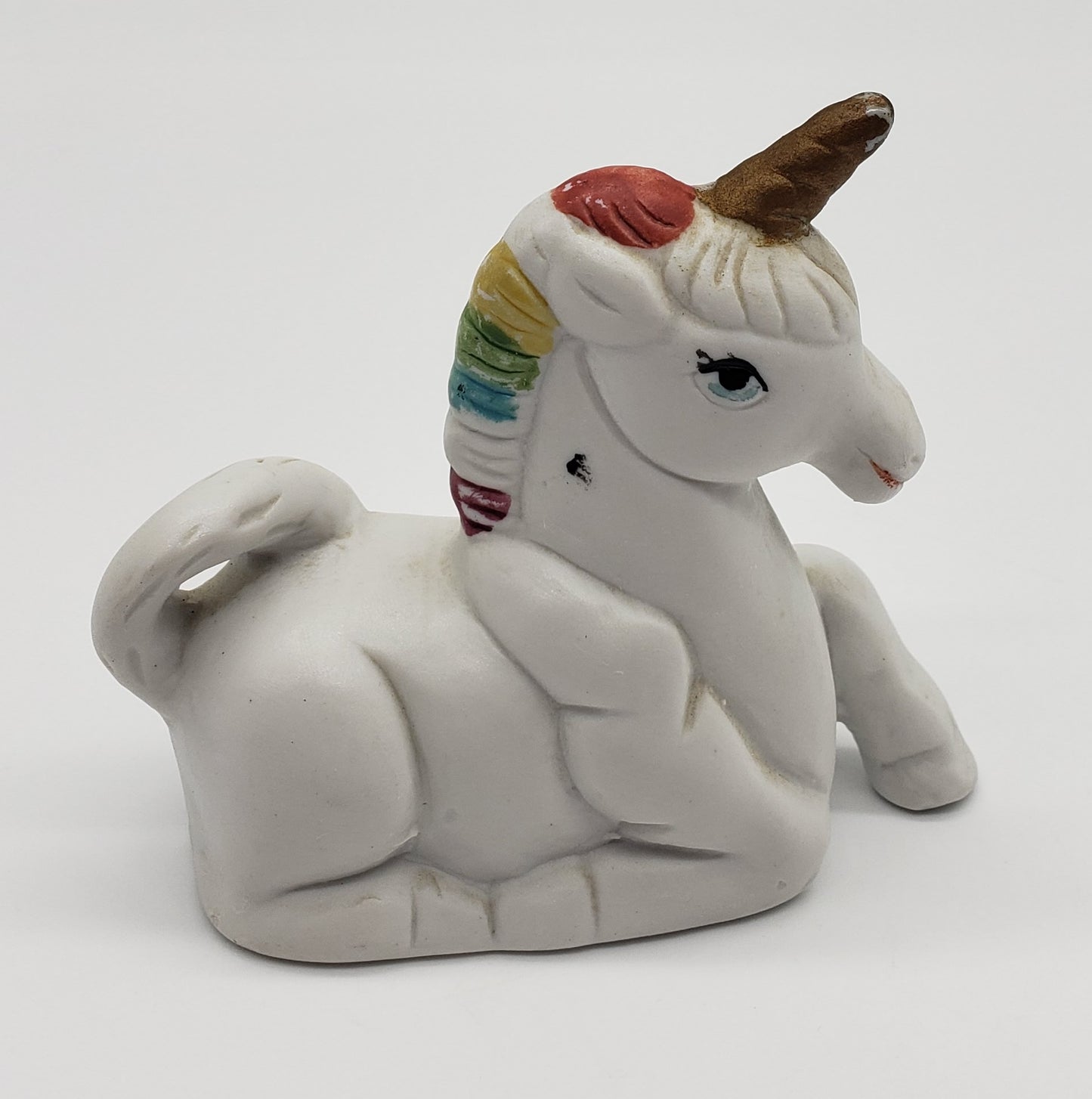 Bisque White Unicorn Statue, Rainbow Hair