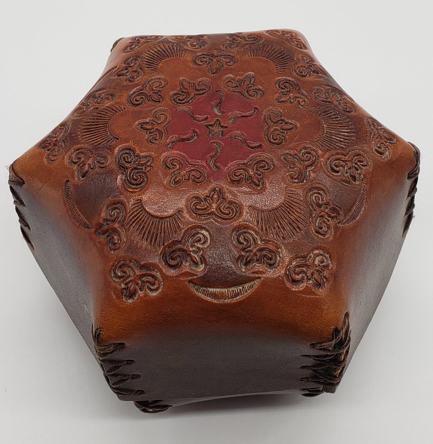 Handmade Tooled Leather Hexagon Lidded Trinket Box