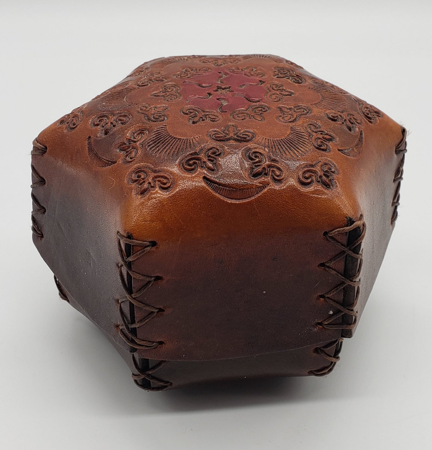 Handmade Tooled Leather Hexagon Lidded Trinket Box