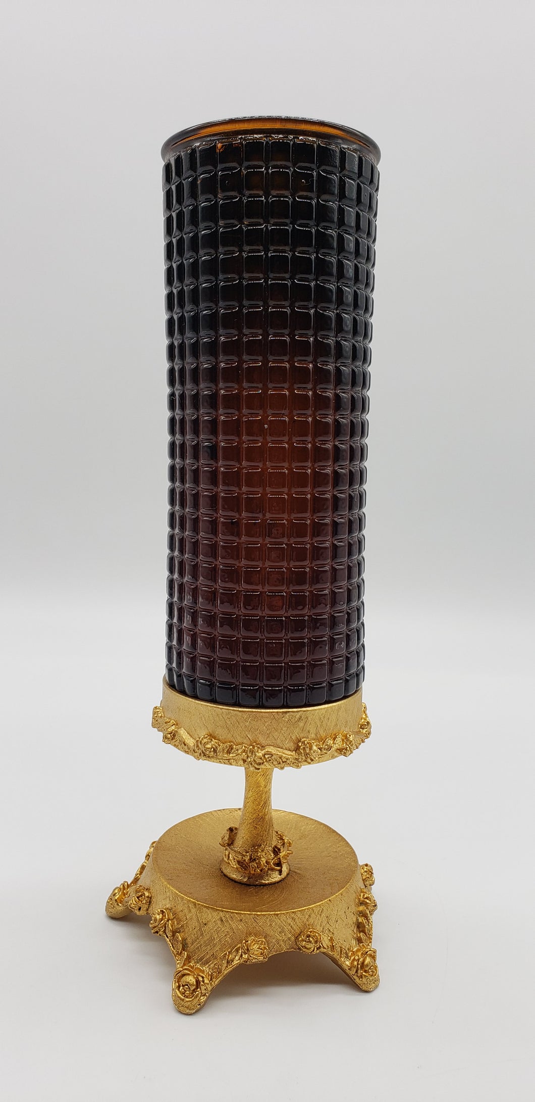 Amber Pressed Glass Candle Holder On Gold Metal Base