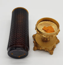 Load image into Gallery viewer, Amber Pressed Glass Candle Holder On Gold Metal Base
