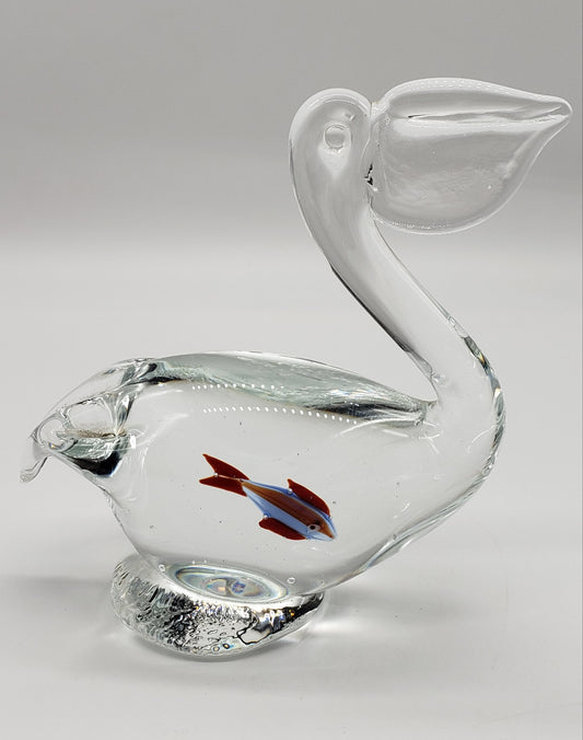 Clear Glass Pelican Paper wieght with Fish Inside Belly Figurine 5 3/4" Hand Blown Art Glass