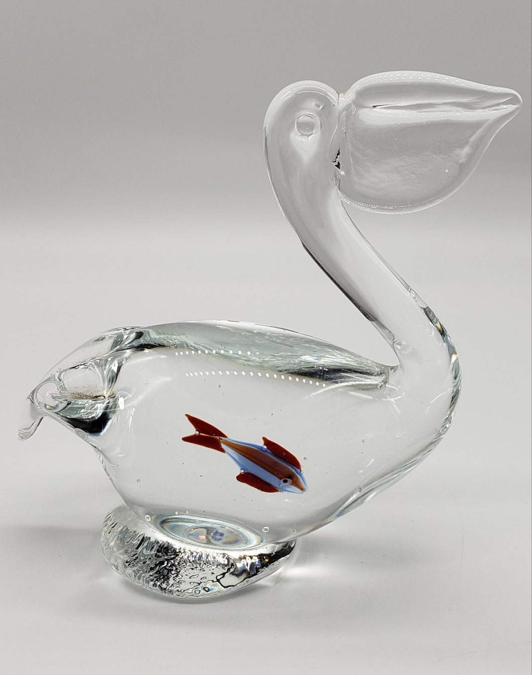 Clear Glass Pelican Paper wieght with Fish Inside Belly Figurine 5 3/4