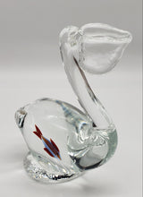 Load image into Gallery viewer, Clear Glass Pelican Paper wieght with Fish Inside Belly Figurine 5 3/4&quot; Hand Blown Art Glass

