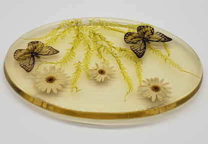 Acrylic Resin Trivet Footed Pressed Flowers With Butterfly Oval