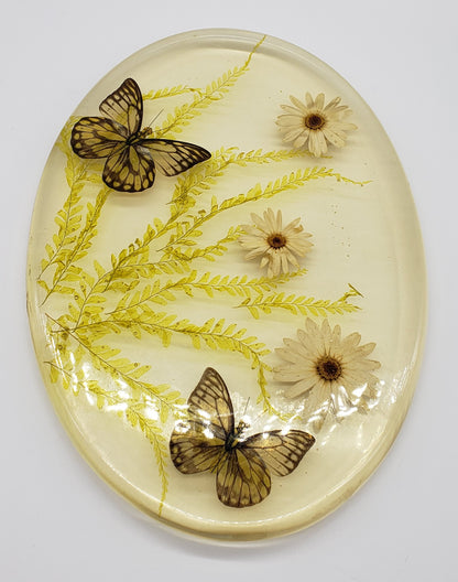 Acrylic Resin Trivet Footed Pressed Flowers With Butterfly Oval