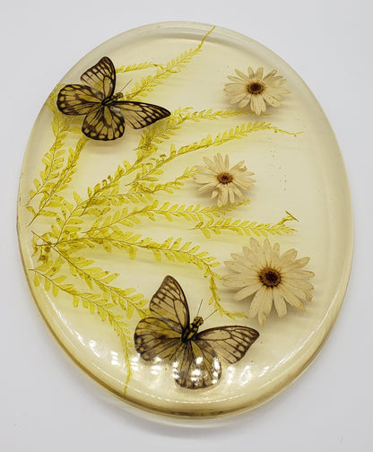 Acrylic Resin Trivet Footed Pressed Flowers With Butterfly Oval