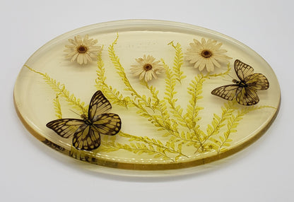 Acrylic Resin Trivet Footed Pressed Flowers With Butterfly Oval