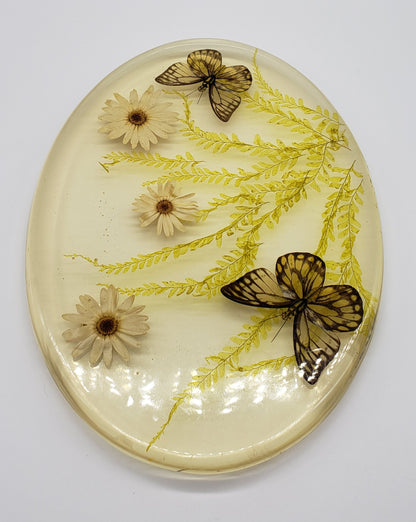 Acrylic Resin Trivet Footed Pressed Flowers With Butterfly Oval