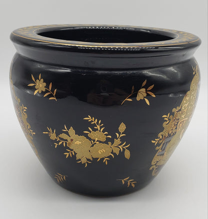 Black Porcelain Fishbowl Pot Planter Vase w/Gold Gilt Scene STAMPED