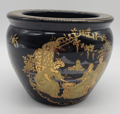 Black Porcelain Fishbowl Pot Planter Vase w/Gold Gilt Scene STAMPED