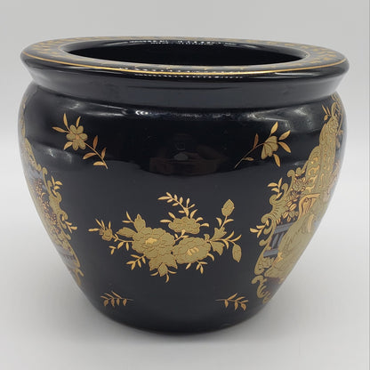 Black Porcelain Fishbowl Pot Planter Vase w/Gold Gilt Scene STAMPED