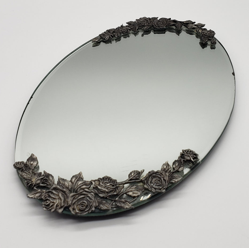 MIRROR OVAL DRESSER VANITY TRAY PEWTER ROSE SERVING JEWELRY