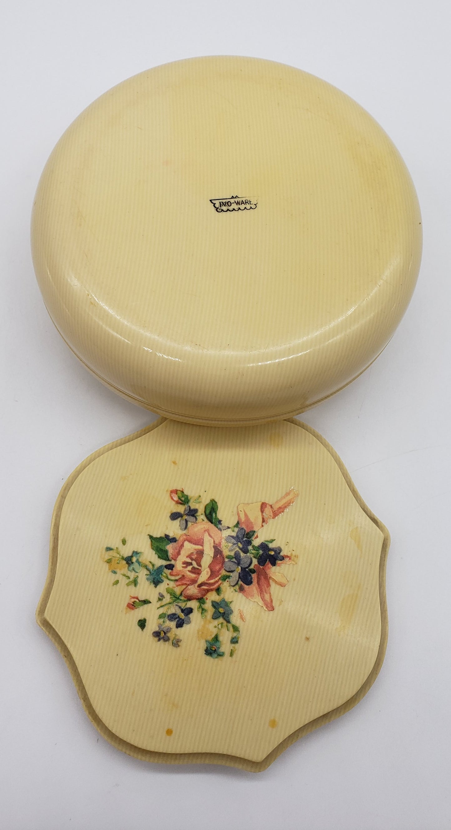 Celluloid Powder Box w/ Floral Lid Vanity Dresser Art Deco