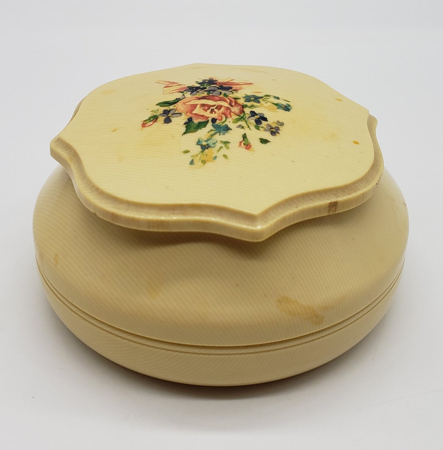 Celluloid Powder Box w/ Floral Lid Vanity Dresser Art Deco