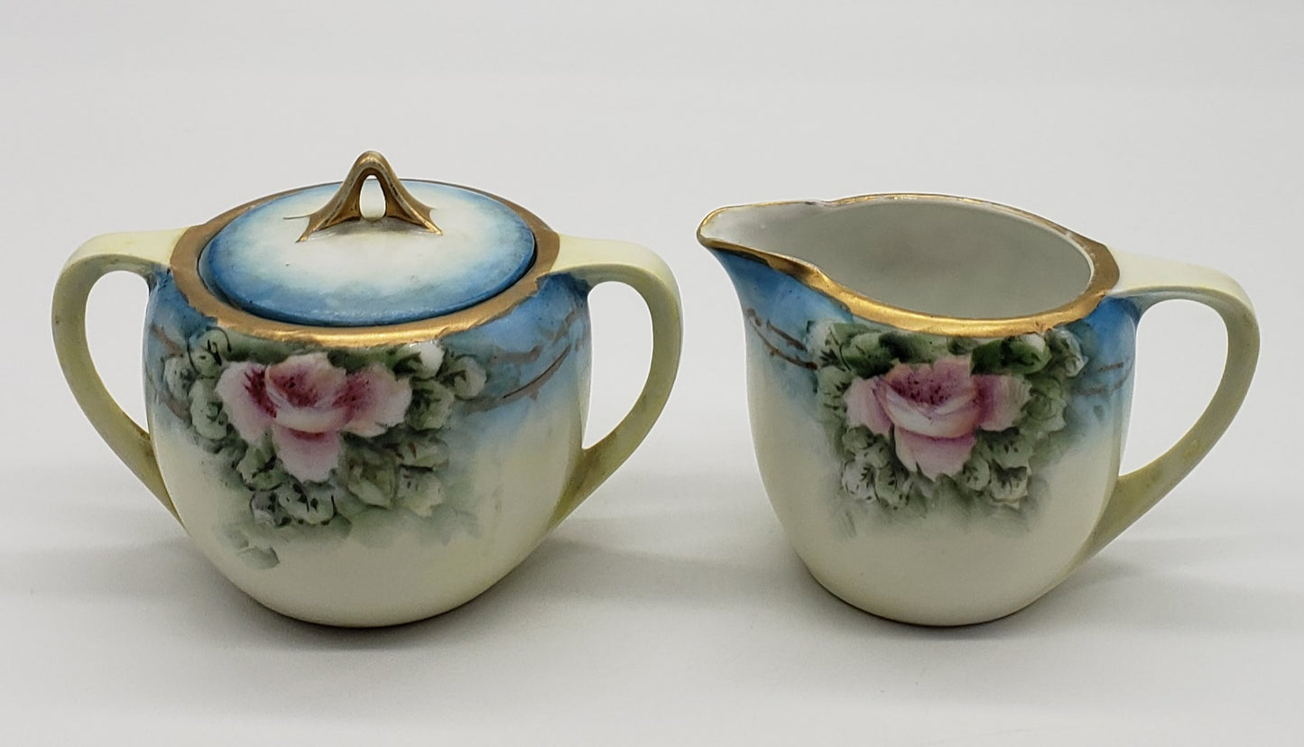 Old English Pink Roses Creamer & Sugar Set •  R S Germany