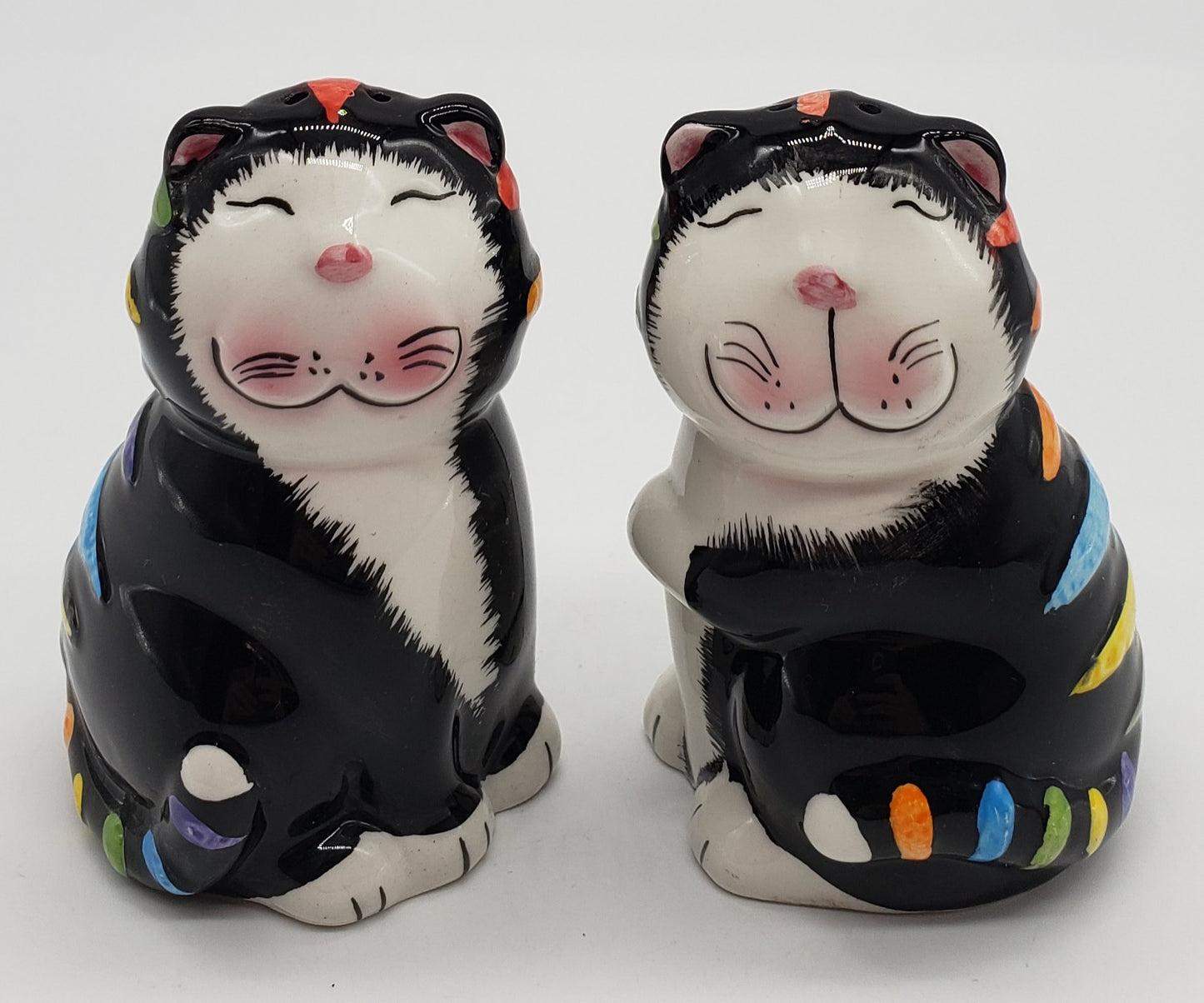 Happy Tuxedo Cats Ceramic Salt and Pepper Shakers Rainbow Stripes GKAO