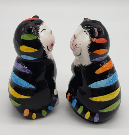 Happy Tuxedo Cats Ceramic Salt and Pepper Shakers Rainbow Stripes GKAO