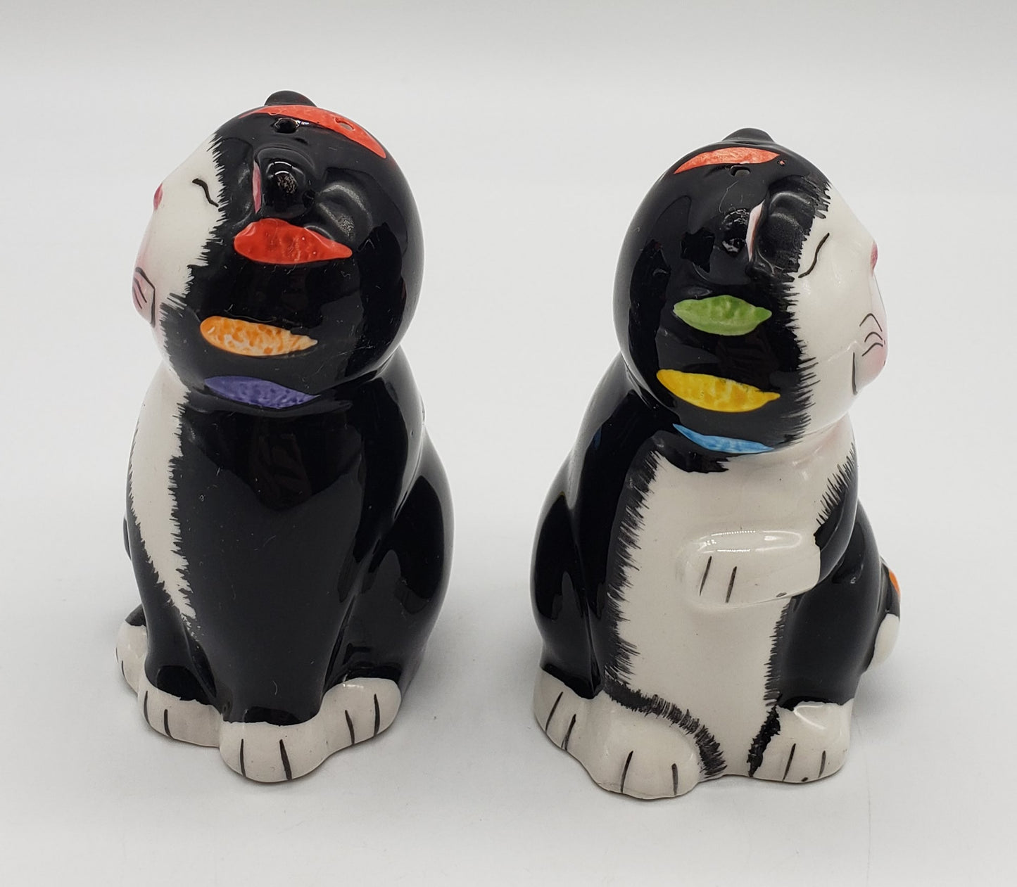 Happy Tuxedo Cats Ceramic Salt and Pepper Shakers Rainbow Stripes GKAO