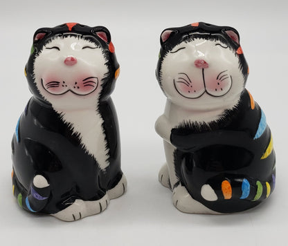 Happy Tuxedo Cats Ceramic Salt and Pepper Shakers Rainbow Stripes GKAO