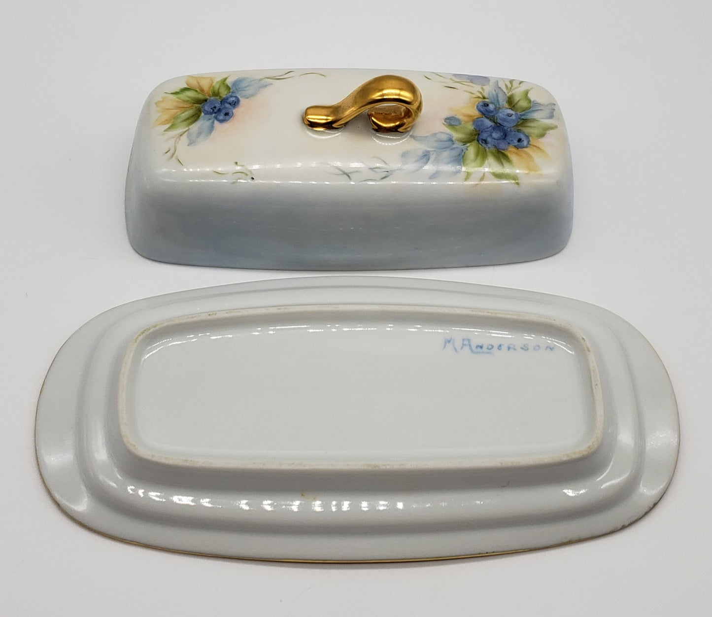 Vintage Hand Painted Blueberry Porcelain Butter Dish Artist Signed