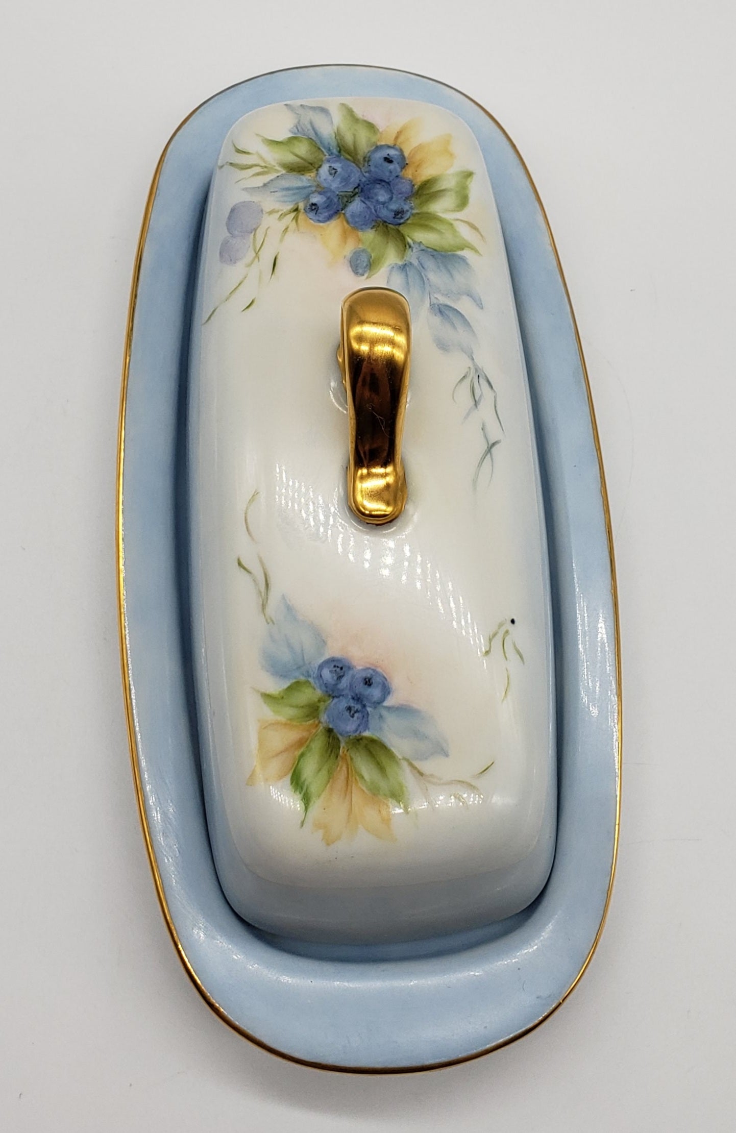 Vintage Hand Painted Blueberry Porcelain Butter Dish Artist Signed