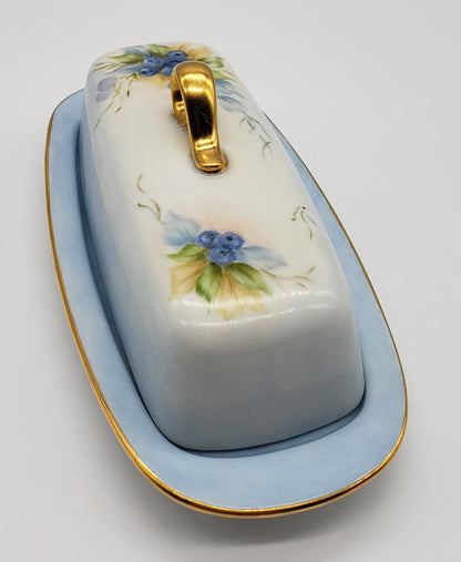 Vintage Hand Painted Blueberry Porcelain Butter Dish Artist Signed