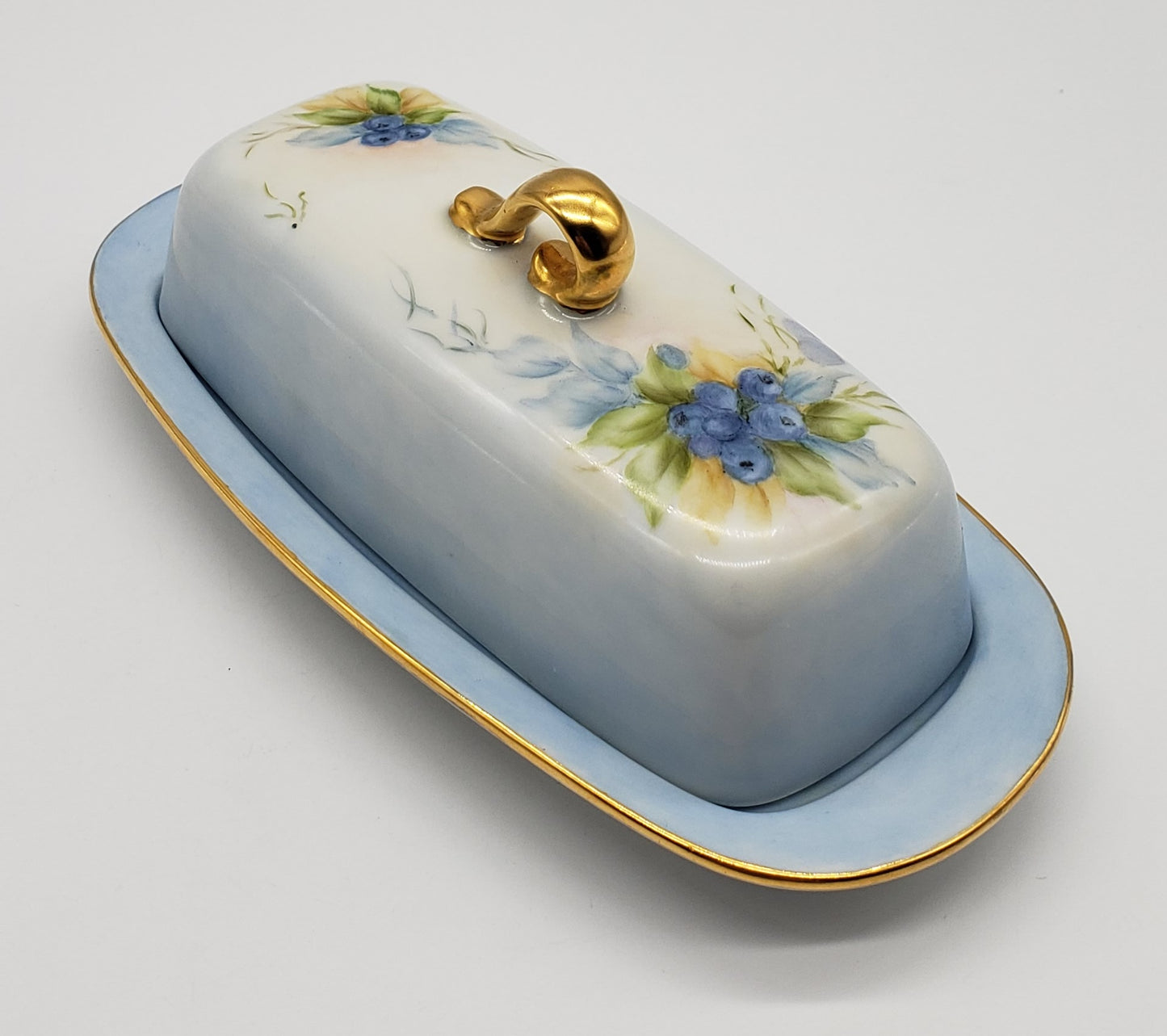 Vintage Hand Painted Blueberry Porcelain Butter Dish Artist Signed