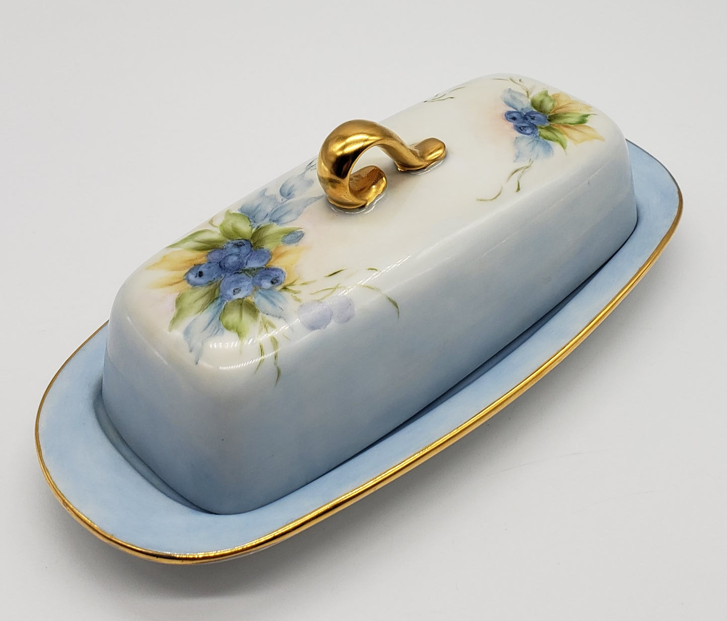 Vintage Hand Painted Blueberry Porcelain Butter Dish Artist Signed