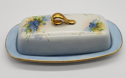 Vintage Hand Painted Blueberry Porcelain Butter Dish Artist Signed