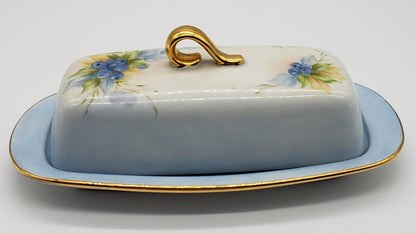 Vintage Hand Painted Blueberry Porcelain Butter Dish Artist Signed