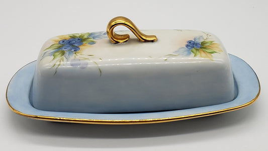 Vintage Hand Painted Blueberry Porcelain Butter Dish Artist Signed