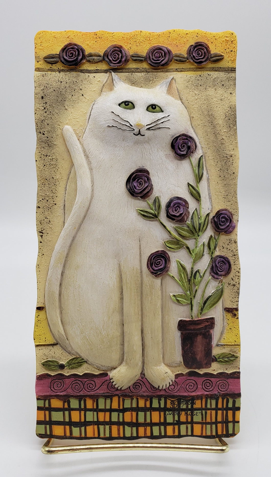 E. Smithson Folk Art 3D Resin Snow Rose Cat Plaque