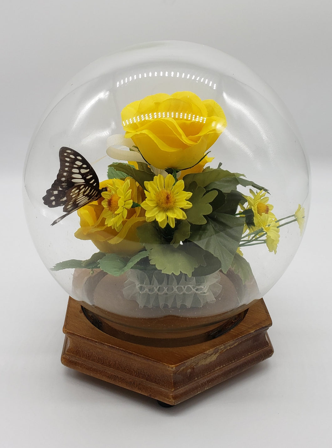 Faux Floral and Butterfly Dome Terrarium