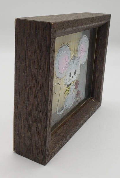 Vintage Reverse Painting on Glass of Mouse with flowers