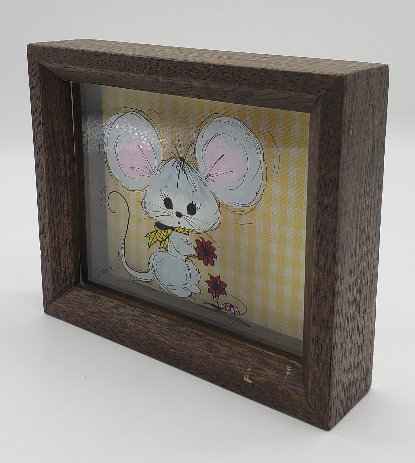 Vintage Reverse Painting on Glass of Mouse with flowers