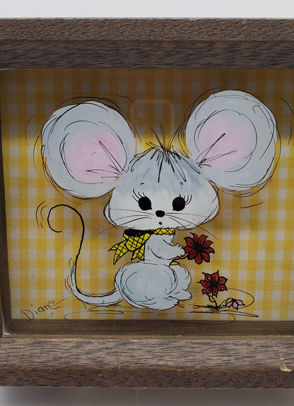 Vintage Reverse Painting on Glass of Mouse with flowers