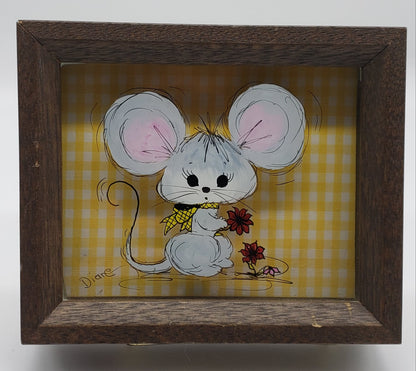 Vintage Reverse Painting on Glass of Mouse with flowers