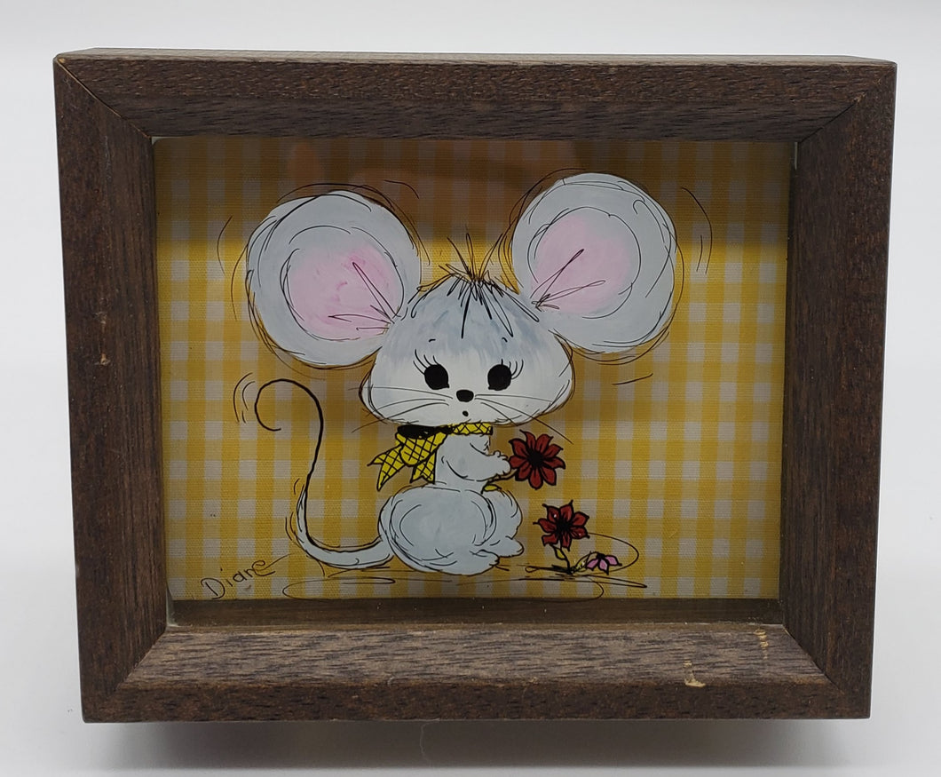 Vintage Reverse Painting on Glass of Mouse with flowers