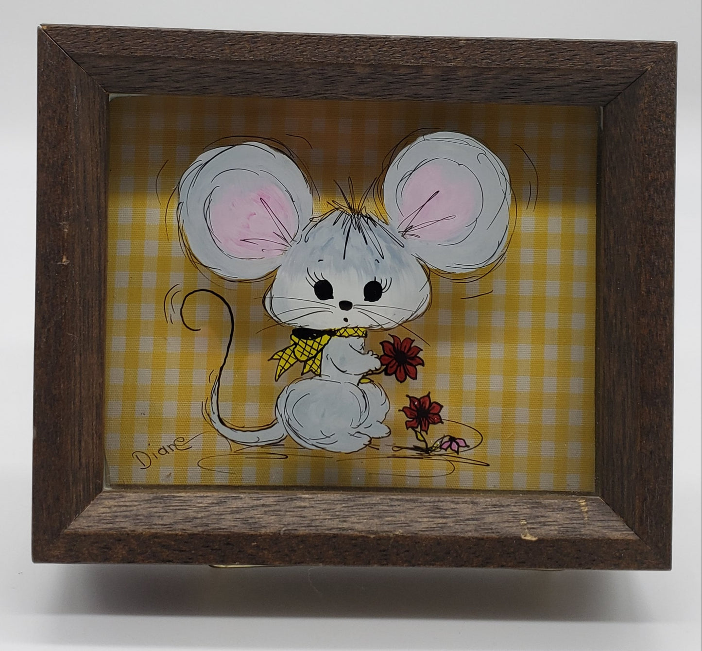 Vintage Reverse Painting on Glass of Mouse with flowers