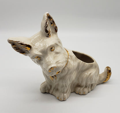 White Ceramic Terrier Scottie Dog Planter Gold Trim