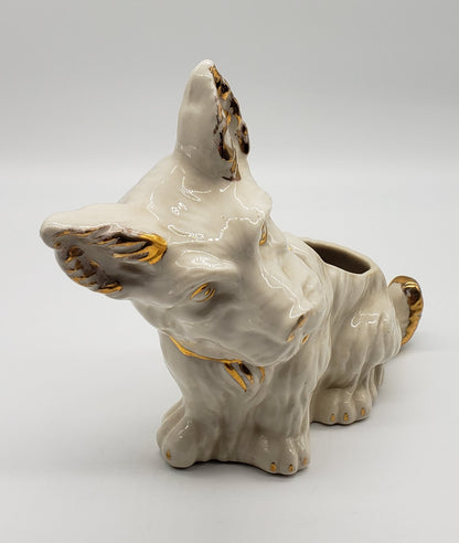 White Ceramic Terrier Scottie Dog Planter Gold Trim