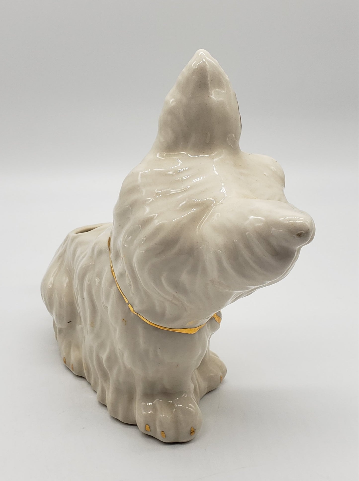 White Ceramic Terrier Scottie Dog Planter Gold Trim