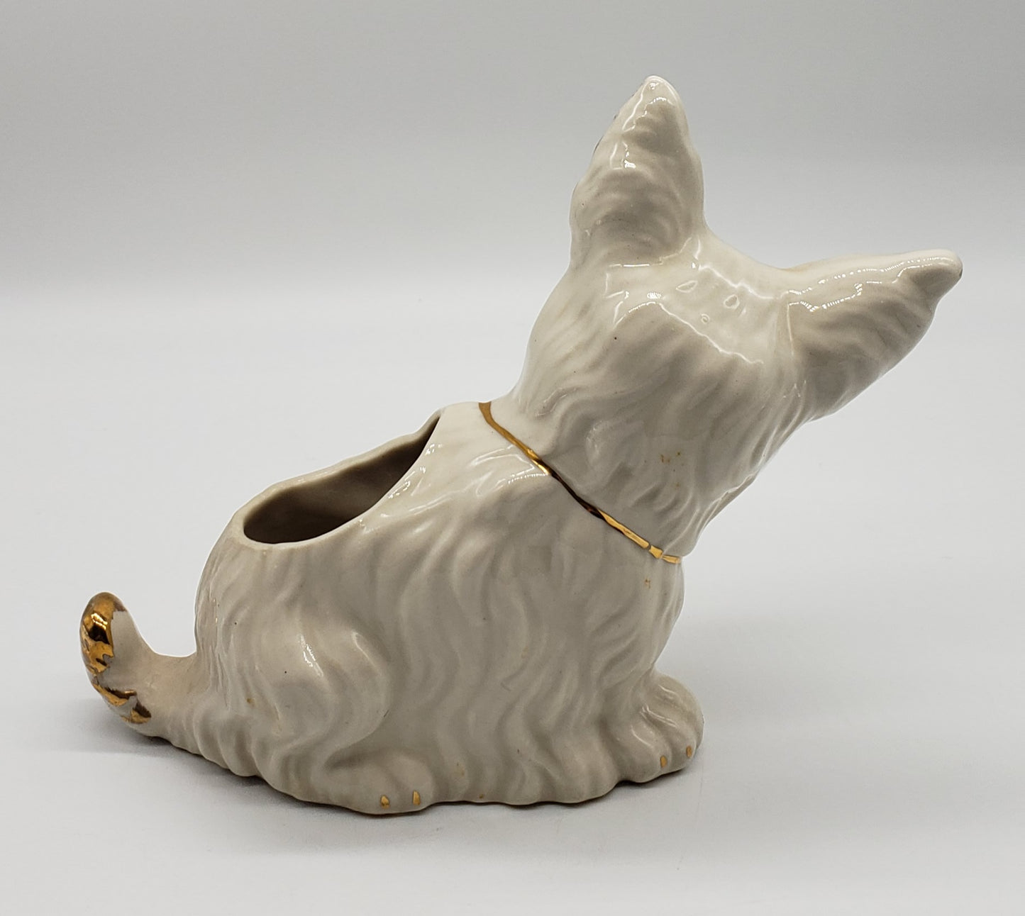 White Ceramic Terrier Scottie Dog Planter Gold Trim