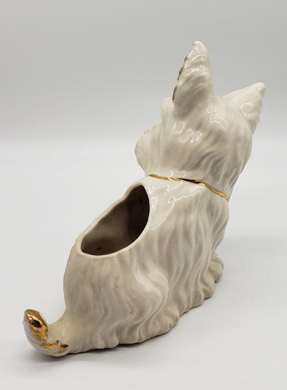 White Ceramic Terrier Scottie Dog Planter Gold Trim