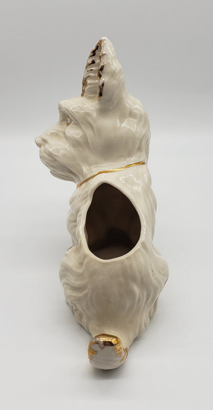 White Ceramic Terrier Scottie Dog Planter Gold Trim