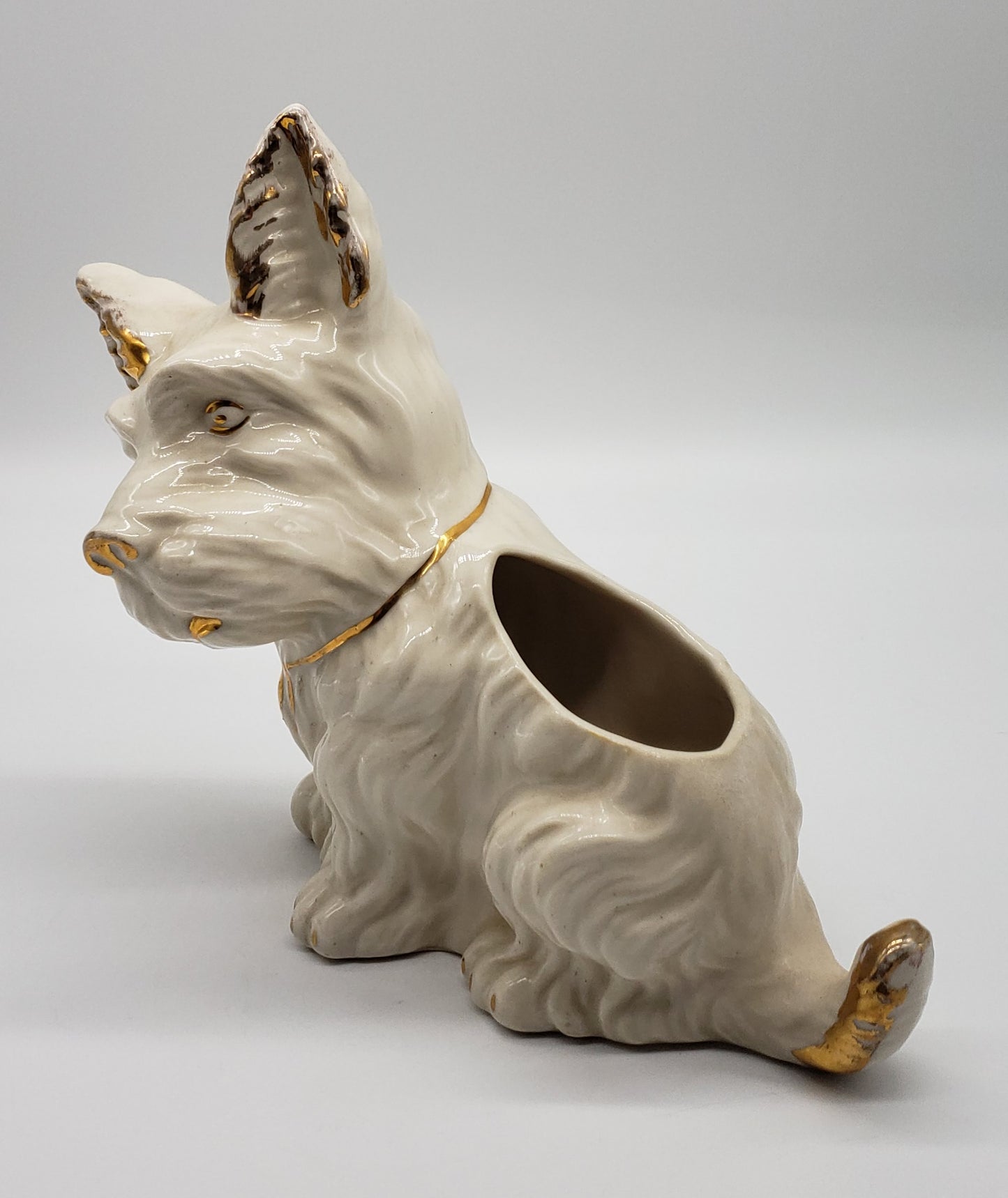 White Ceramic Terrier Scottie Dog Planter Gold Trim