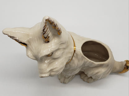 White Ceramic Terrier Scottie Dog Planter Gold Trim